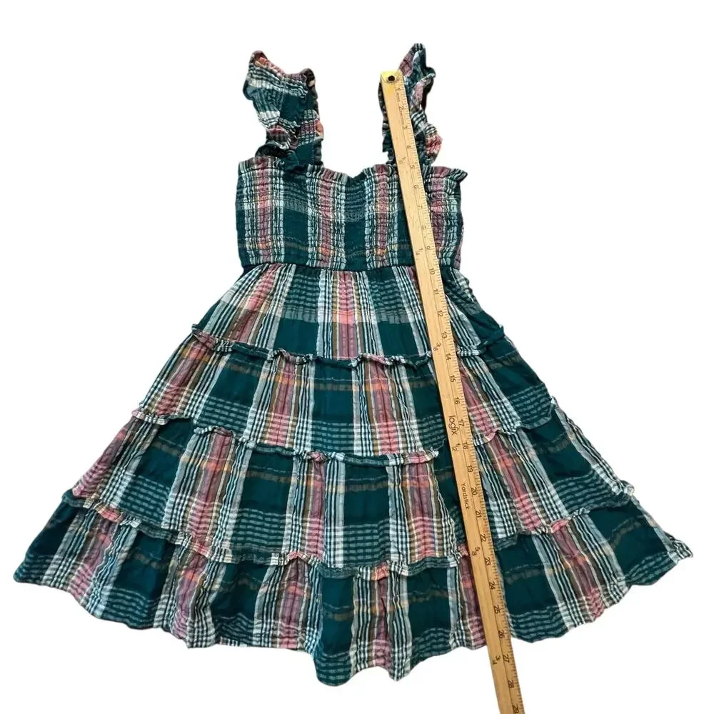 Crown & Ivy Kids Smocked Plaid Seersucker Ruffle Dress Girls Small Cotton